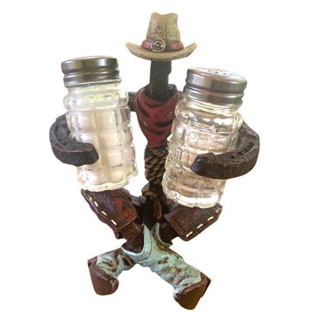 Western Cowboy Salt Pepper Shaker Holder Americana Country Ranch Kitchen Decor